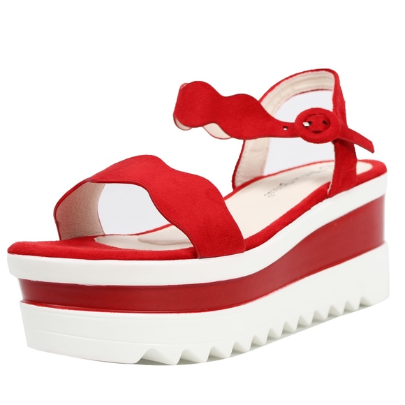 Red Curvy Straps Two Tone Platform Wedge Sandal - Picture 2 of 6